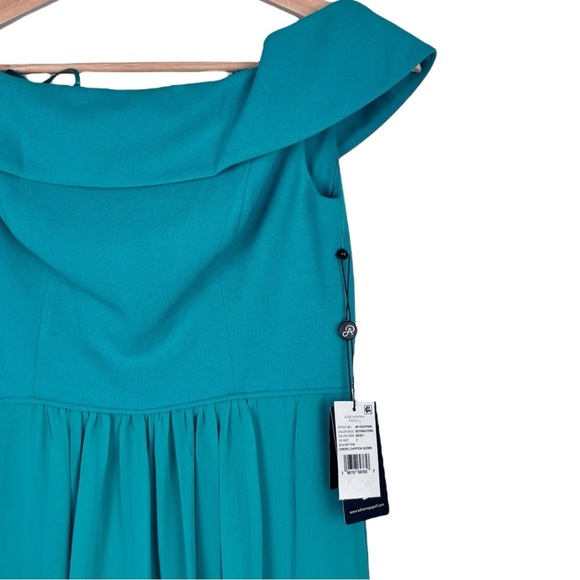 ADRIANNA PAPELL BOTANIC GREEN OFF THE SHOULDER CREPE CHIFFON EVENING GOWN DRESS - Picture 10 of 12